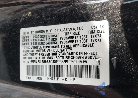 2012 Honda Odyssey Ex-L from USA, damaged, VIN 5FNRL5H68CB099399